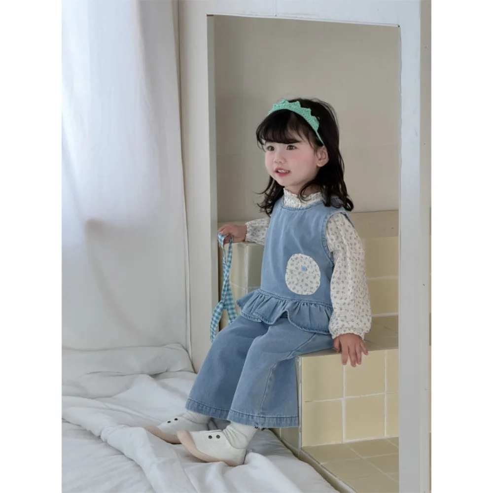 2026 Spring Baby Girl Korean 3PCS Outfit, Doll Collar Blouse Denim Suit Toddler All Season Fashion Set for 73-120cm