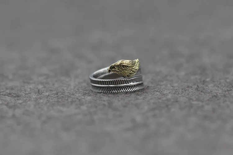 Handmade eagle feather couple open thai silver stylish ring 925 sterling silver ring men and women living