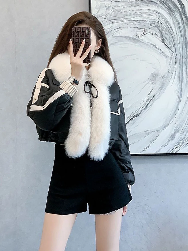 2024 Winter Warm PU Leather Coats Faux Fox Fur Jacket Big Fur Collar Short Jacket Fashion Black Cotton Padded Lady Down Jacket