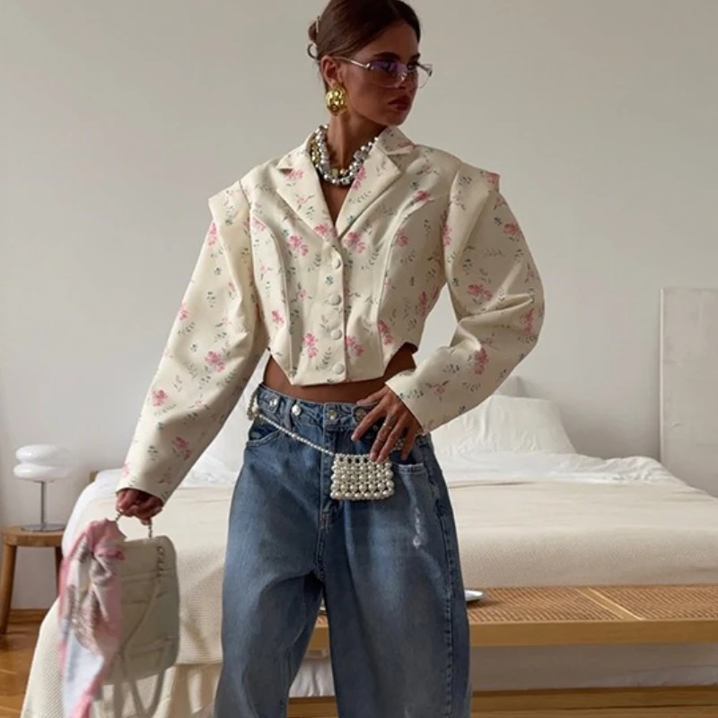 TARUXY Fashion Print Waist-Baring Coat Women's Loose Casual Sexy Suit Collar Single-Breasted Multi-Button Coat Autumn Clothing