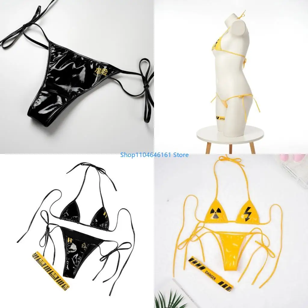 

Women Halterneck Swimsuit Set Two Piece Bathing Suit Waterproof Leather Swimwears with Adjustable Neck and Back Ties