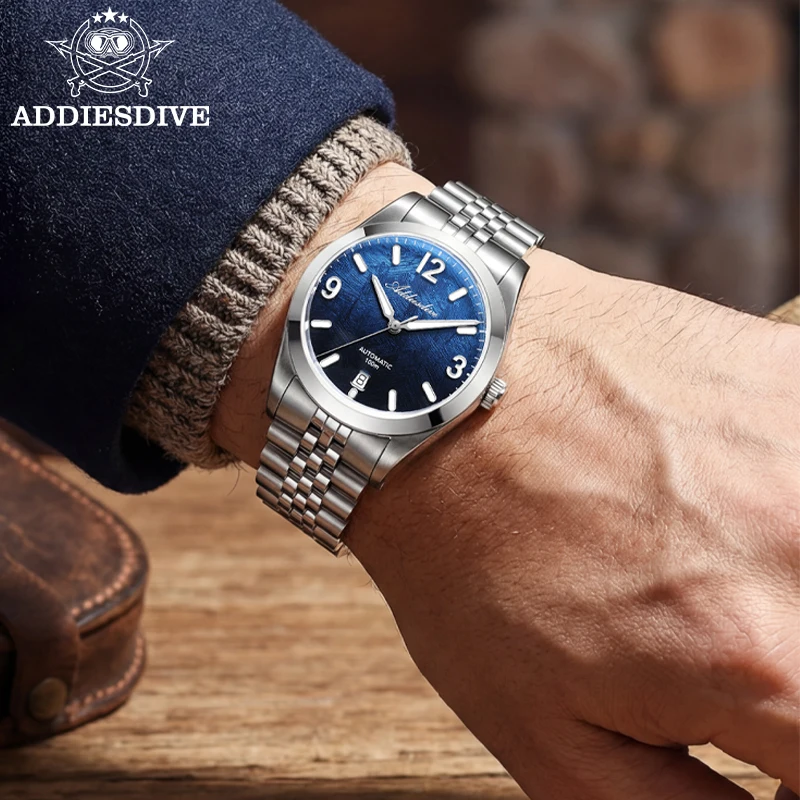 ADDIESDIVE Automatic Mechanical Watch AD2547 Sapphire Glass Luxury Man Watches 100m Waterproof Super Luminous Steel Wristwatch
