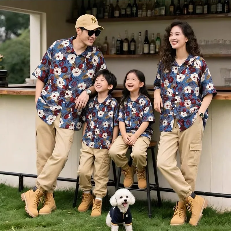 

2026 Summer Mommy and Me Matching Hawaiian Floral Shirt Family Outfit Retro Aloha Beach Wear for Mom Dad Daughter Son Casual