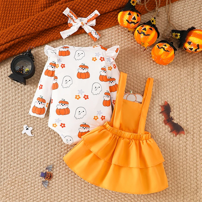 Newborn Baby Girl Halloween Thanksgiving Christmas Outfit Ruffle Romper Suspender Skirt Set Overall Dress Clothes