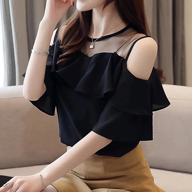 Elegant Summer Off Shoulder Women Blouses 2024 Office Lady Short Sleeve Shirts Fashion Casual Chiffon Woman Tops Clothes 4206