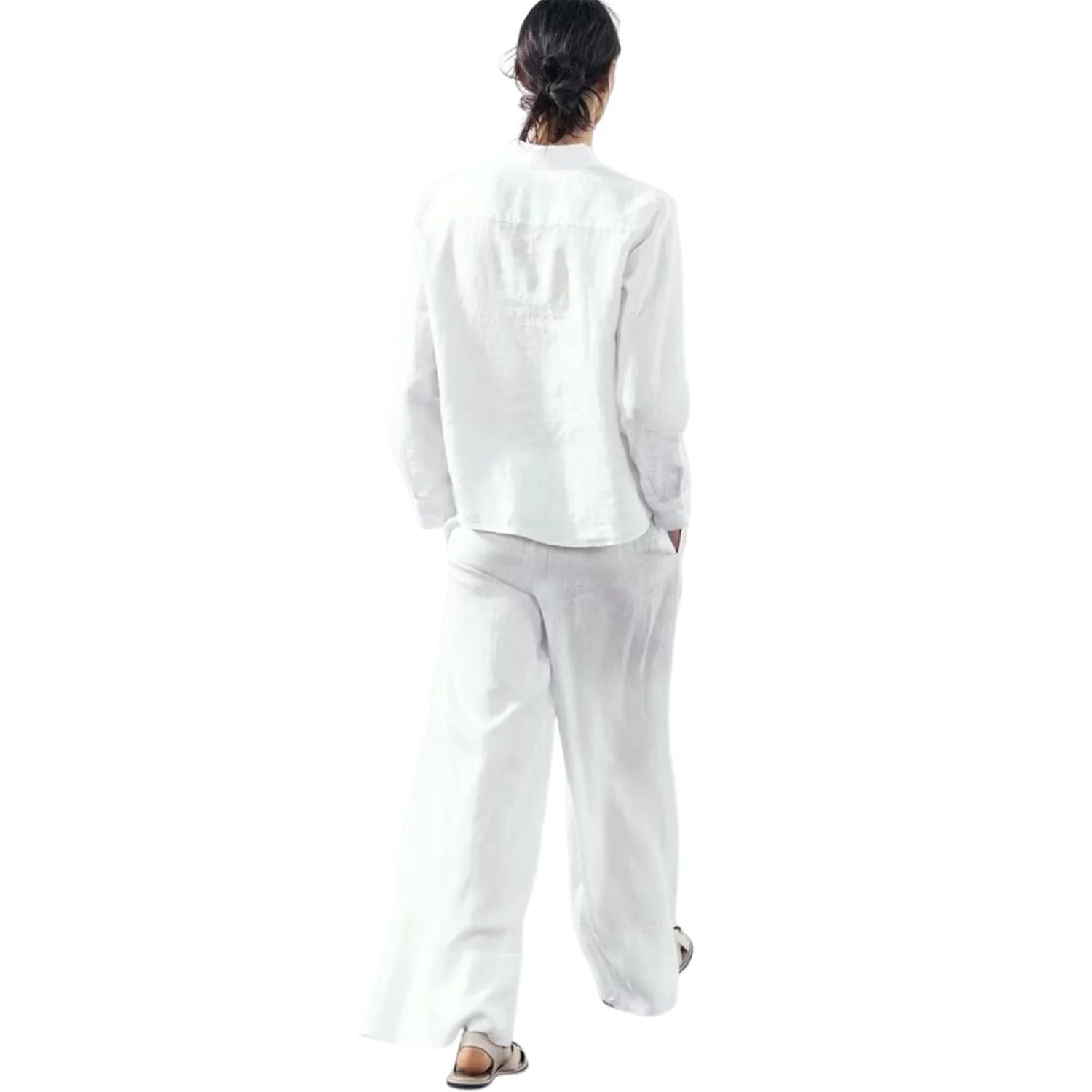 Single Breasted Long Sleeved Linen Shirt for Women, Casual Top, Elastic Waist, Wide Leg Pants Set, New