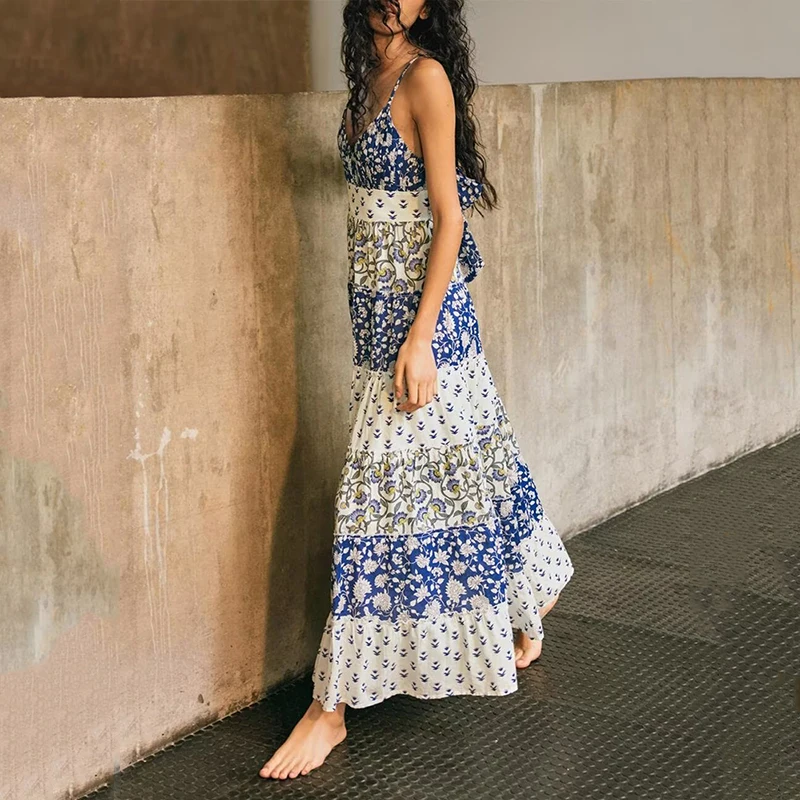 2025 verão novo feminino Faion Patchwork estampa em camadas Dr cintura alta Svel saia longa Sle Vaion tema poliéster...