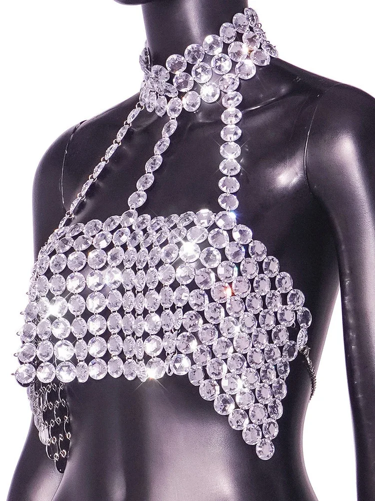 Camiseta sin mangas con cuello Halter plateado, corpiño con diamantes brillantes, Top corto con lentejuelas de Metal y espalda descubierta, chaleco para discoteca, trajes de Festival