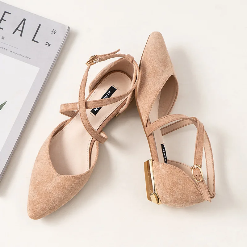 

Low Heel Single Women Shoes Woman Spring Pumps Summer Pointed Hollow Sandals Word Belt Fairy Shoes Work Shoes Girl Shoes 1