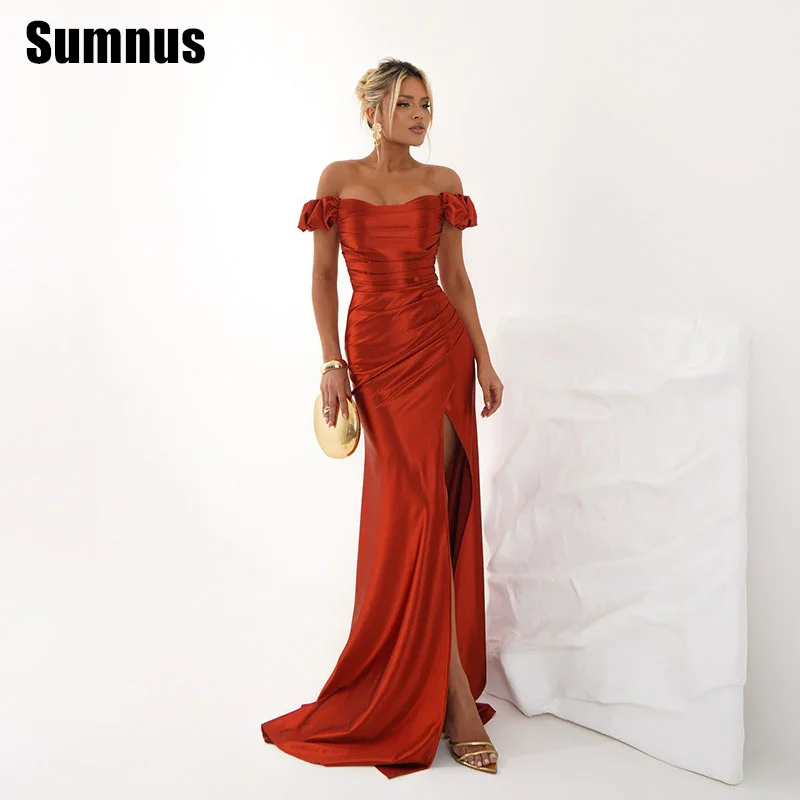 

Sumnus Sexy Mermaid Prom Gowns Off Shoulder Side Slit Pleats Floor Length Party Dresses فساتين سهرة Customized