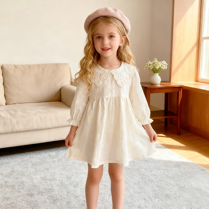 

2026 New Spring 2-6Y Baby Girl Party Dress Long Sleeved Cotton Flower Print Kid Embroidery Dresses Children Sweet Cute Clothes