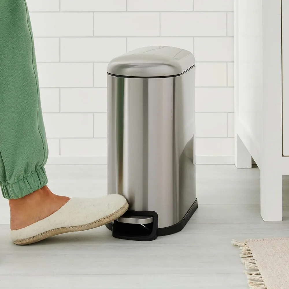 

Smudge Resistant Small D-Shaped Trash Can With Soft-Close Foot Pedal For NarrowSpaces10 Liter/2.6 GallonsBrushed Stainless Steel