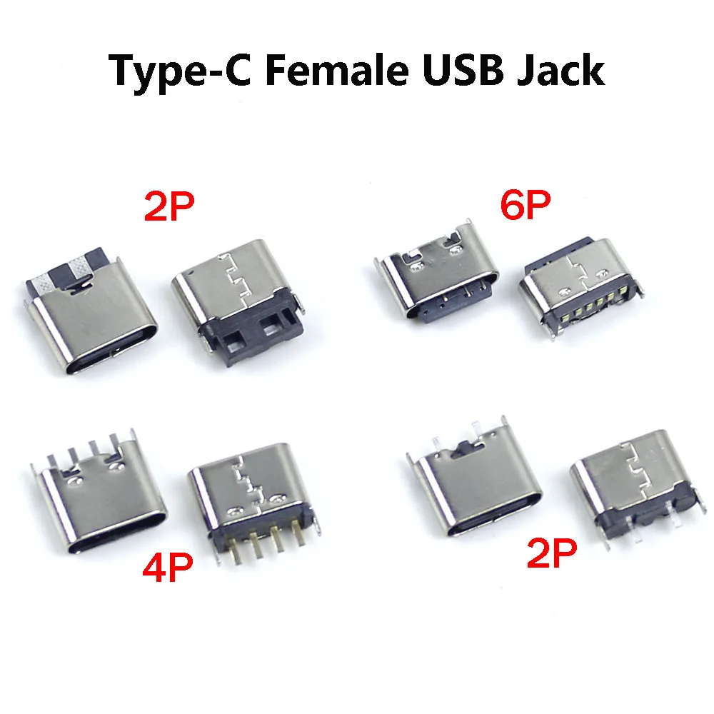 

5pcs 2P 4P 6P Type C USB Connector Female Port Jack Tail Plug Socket Electric Terminals 2Pin 4Pin 6Pin DIP For PCB Board Power