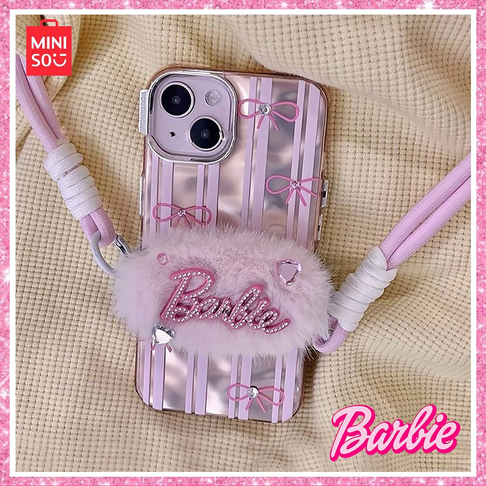 

Miniso 2024 New Barbie Y2K Girl Pink Stripe Plush Charm Back Clip Iphone15/14Promax Phone Case Birthday Valentine's Gift