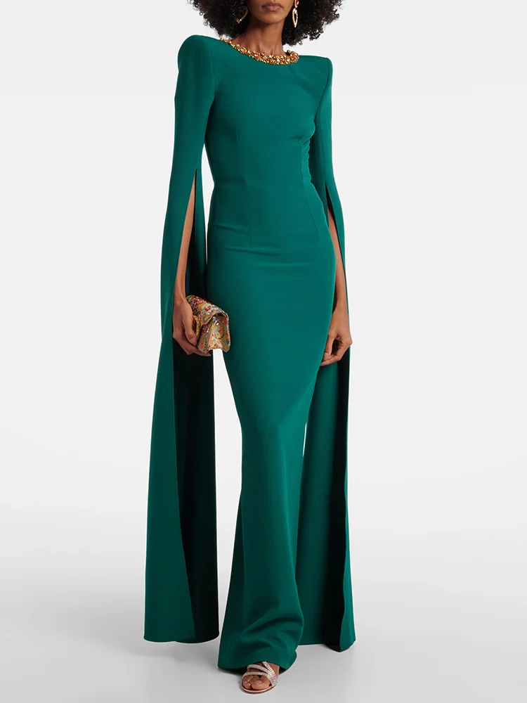 

Sexy O Neck Diamonds Cloak Sleeves Maxi Dress Women Green Long Sleeves Crystal Beaded Slim Dresses Evening Party Gowns