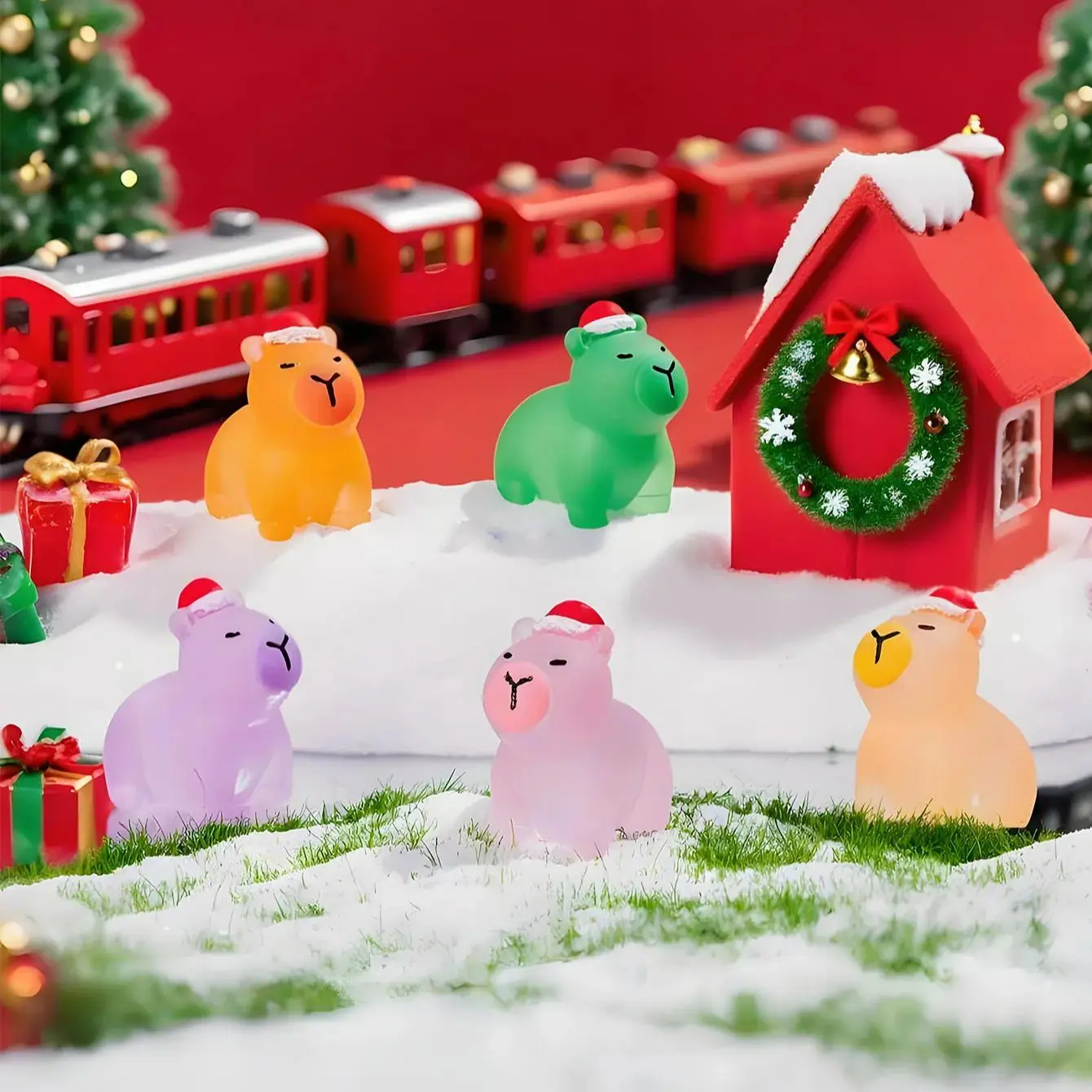 Leuchtende Mini-Weihnachtsmütze aus Kunstharz, Kapibala, leuchtet im Dunkeln, winzige Figuren für DIY Fairy Garden, Weihnachtsfeier, Dekoration, Geschenke