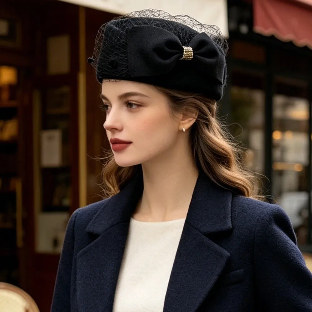 New Elegant Mesh Wool Jazz Hat Warm Woolen Breathable Air Stewardess Cap Bowknot Veil Hat Evening Cocktail