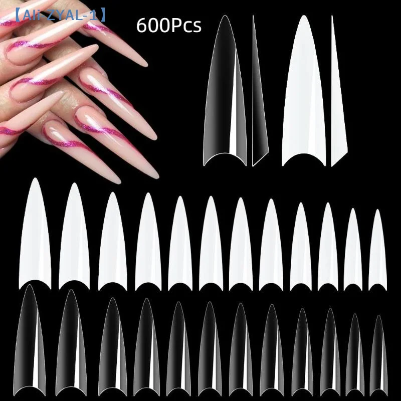 【ZYAL-1】600 Stück Stiletto Künstliche Fingernägel zum Aufdrücken, Acryl-French-Nägel, halbtransparente Gel-Tips, künstliche Nägel, Maniküre-Zubehör, DIY-Werkzeug