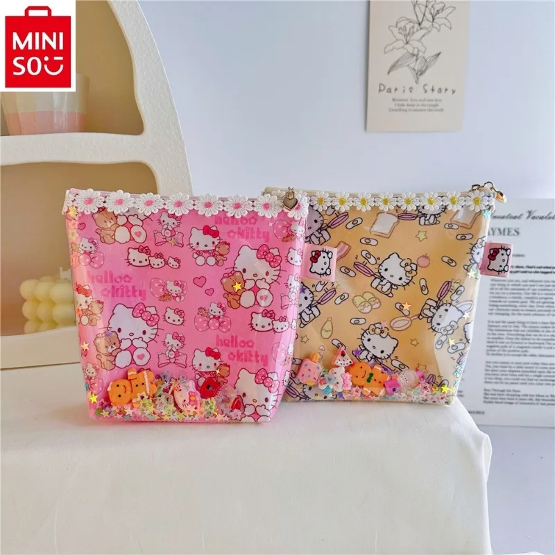 

MINISO Hello Kitty Transparent PU Flowing Sand Cute Makeup Bag for Women High Quality Sequin Lace Storage Zero Wallet