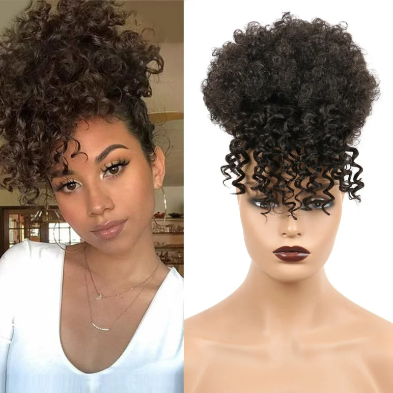 Synthetic High Puff Afro Ponytail with Bangs Short Kinky Curly Ponytail Clip in Hair Extension For Women Pony Tail Bun Hair