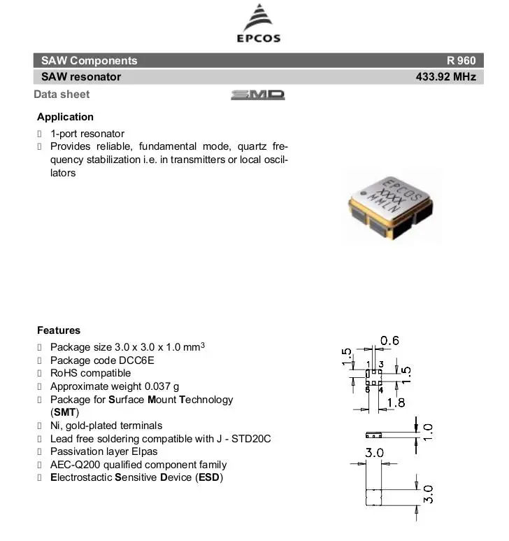 

20 шт./лот EPCOS B39431R960H110 3*3 433,92 м 433,92 МГц 6 чипов электронные новые