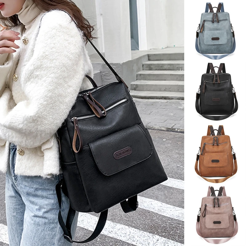 PU Soft Leather Backpack Women Vintage Shoulder Bag Ladies High Capacity Travel Backpack School Bags Fashion Commuter Bag