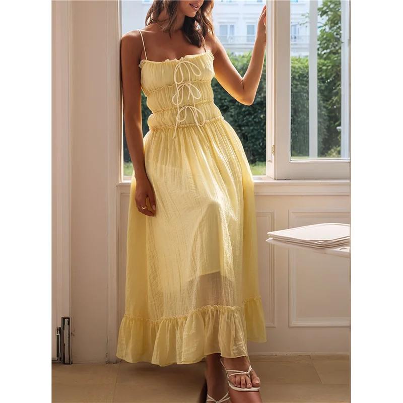 【SEE】สตรี 2025 ฤดูร้อนชุดลําลองสปาเก็ตตี้สายคล้องคอ RIC Rac Trim Smocked Ruffle Beach Long Maxi Dress