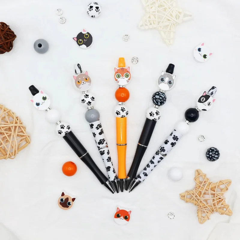 9Pcs Kawaii Cat Themed Beadable Pen Set with Cat Head & Paw Print Beads DIY Pen for School Office Journaling