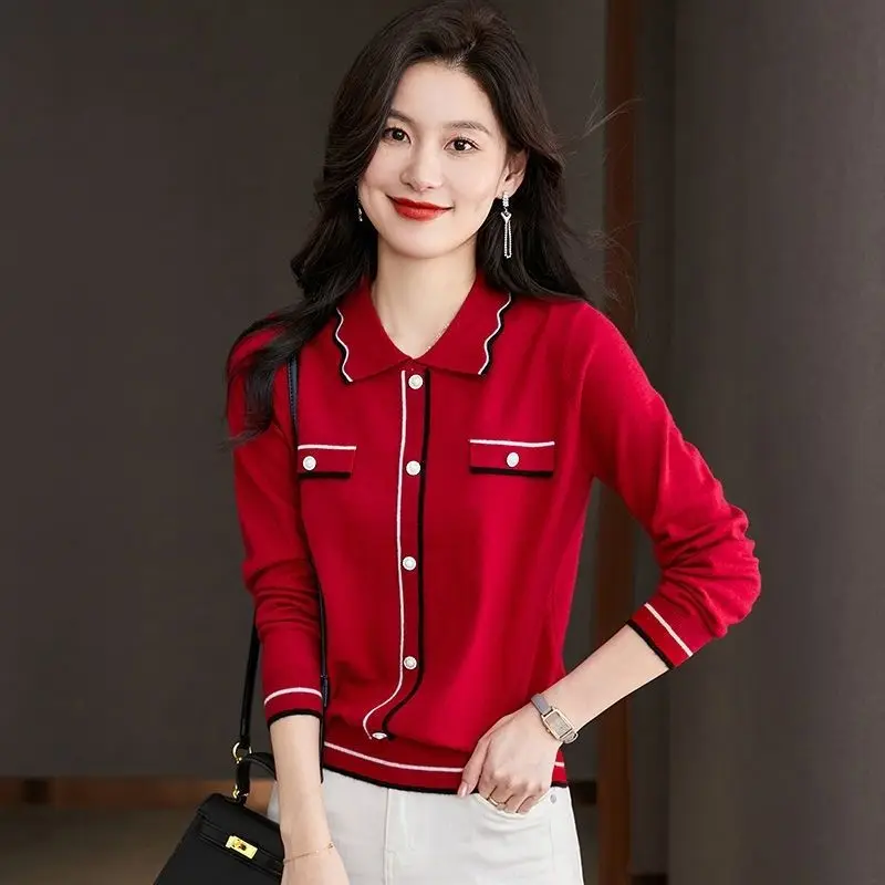 Fashion Lapel Knitted Spliced Button Korean Blouses Women\'s Clothing 2023 Autumn Winter Loose Commuter Tops Casual Shirts