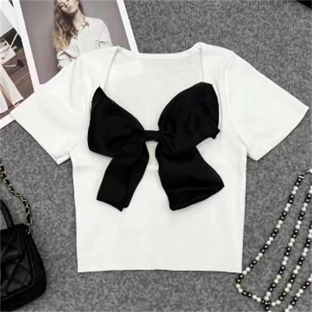

Square-necked black bow hollowed-out short-sleeved knit top short t-shirt girl