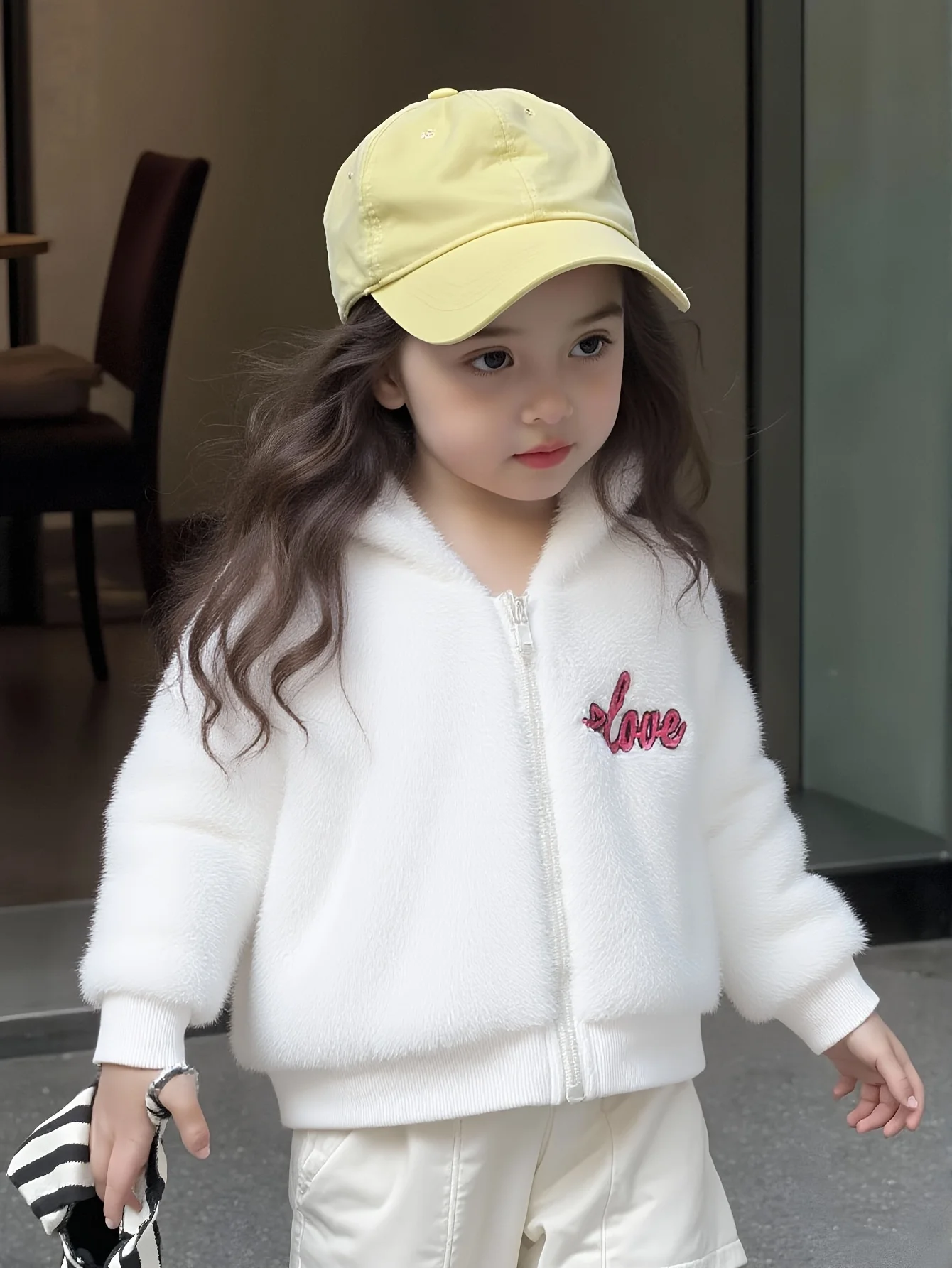 A Cute Plush Jacket With Embroidered Letters On The Front And Back For A Baby Girl On The Street In Autumn And Winter