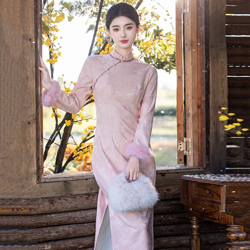 Women Gentle Qipao Jacquard Elegant Cheongsam Mandarin Collar Party Dress Mao Long Sleeve Vestidos Vintage Button Party Dress