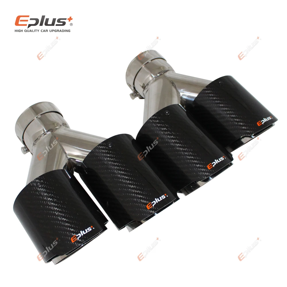 EPLUS Car Carbon Fiber Glossy Muffler Tip Y Shape Double Exit Exhaust Pipe Mufflers Nozzle Decoration Universal Stainless Silver