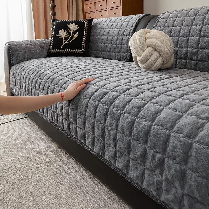 Plush Sofa Cover Anti Slip One Piece Quilted Grid Pattern Sofa Protector for All Season Use Home Living Room Couch Furniture Use