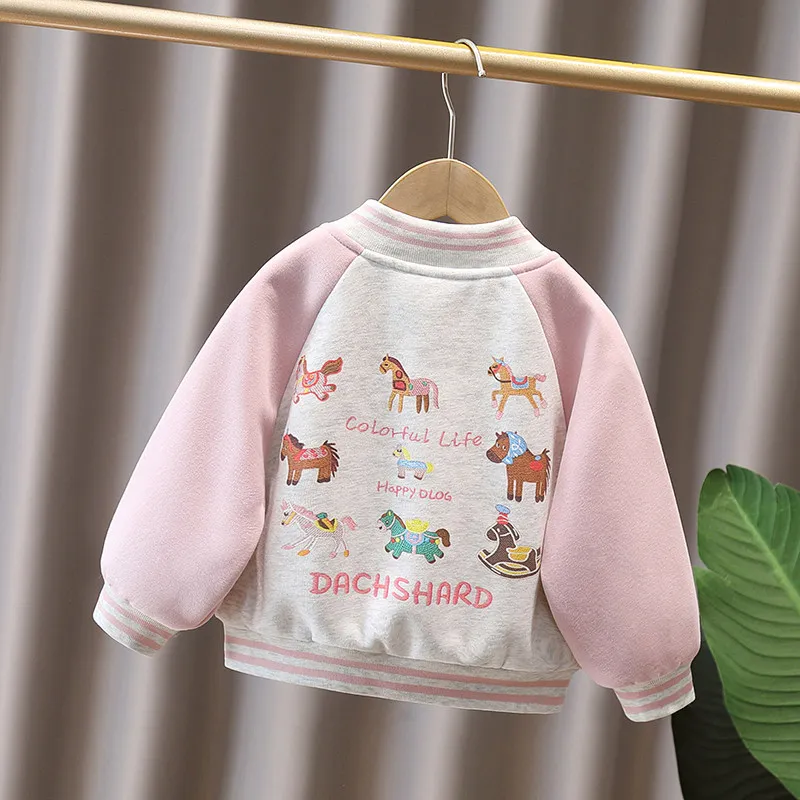 Cute Cartoon Embroidery Girls Baseball Jacket Spring Autumn Color‑Block Fashion Casual Jacket Toddler Kids Trendy Outerwear
