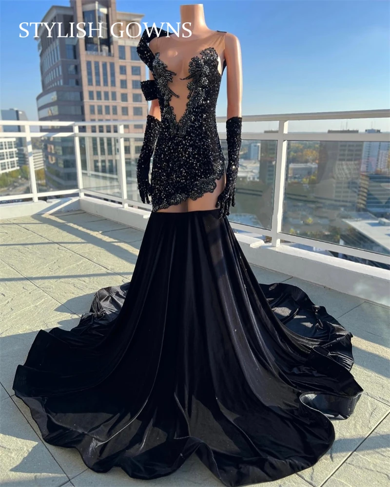 Sparkly Sequined O Neck Long Prom Dress For Black Girls Appliques Birthday Party Dresses With Gloves Formal Gown Robe De Bal