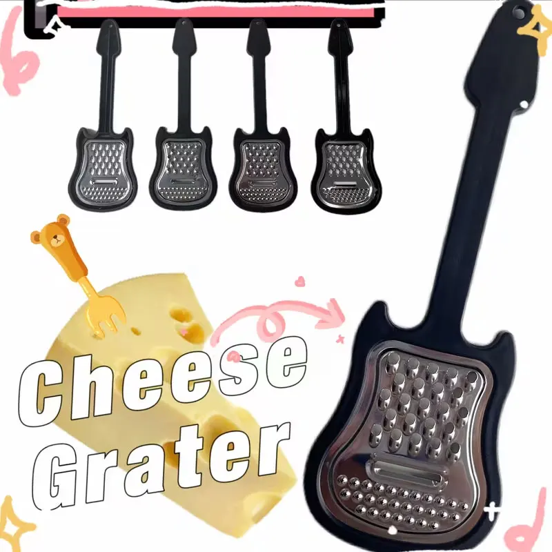 Rallador de queso tres en uno de acero inoxidable con forma de guitarra, con mango de plástico, triturador de alimentos multifuncional adecuado para queso parmesano duro, queso cheddar blando, jengibre, patatas, verduras, mantequilla y frutas con chocolate, utensilio de cocina creativo