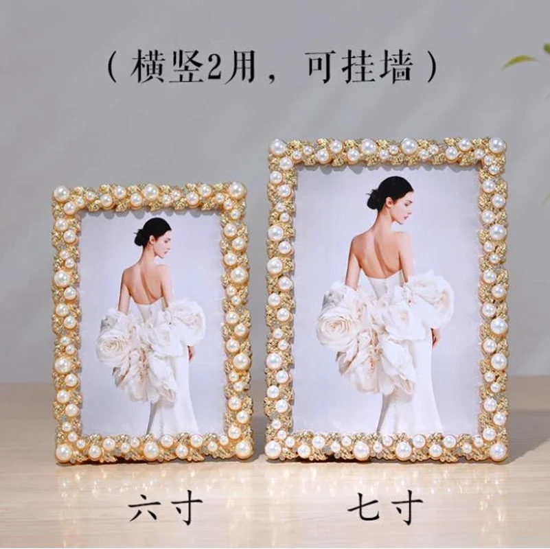 

Luxury 6/7inches Metal photo frame gold picture frame with Artificial pearl inlay desk Decorative picture for wedding decroation