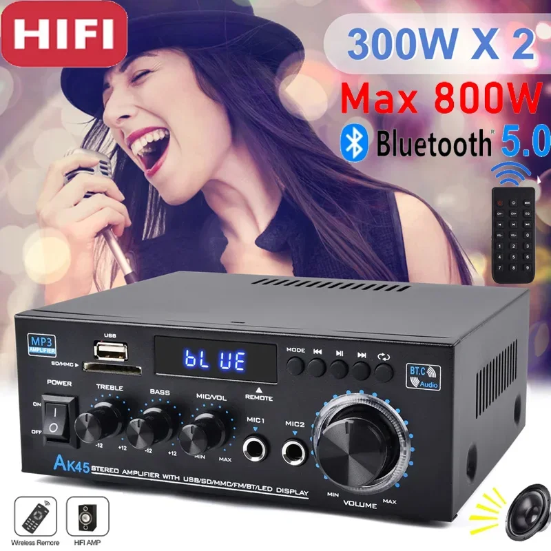 Bluetooth 5.0 Power Amplifier Hi-Fi Audio Amplifier 2.0CH 300W X 2 Output Max 800W Subwoofer Stereo Amplifier Receiver AK45