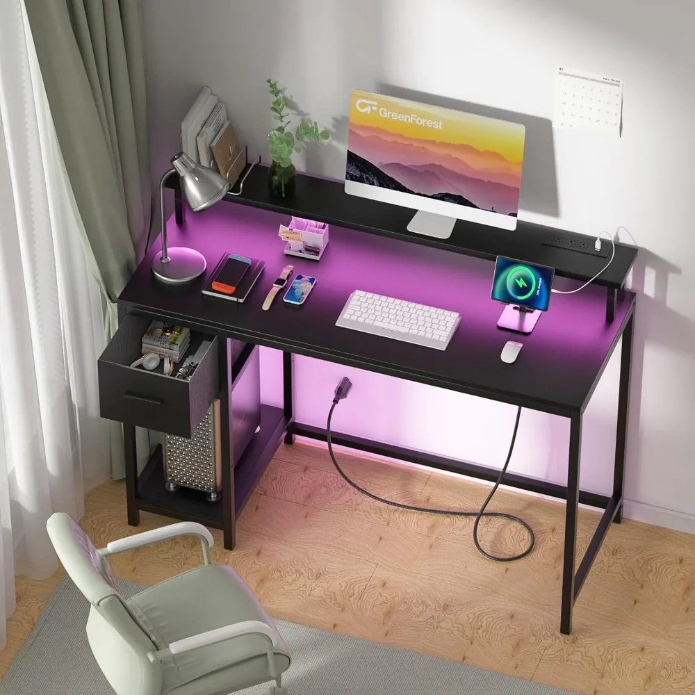 

Gaming Desk 39 Inch with LED Lights and Monitor Stand, Computer Desk with Drawer for Small Spaces, Office Desk with Power Outlet