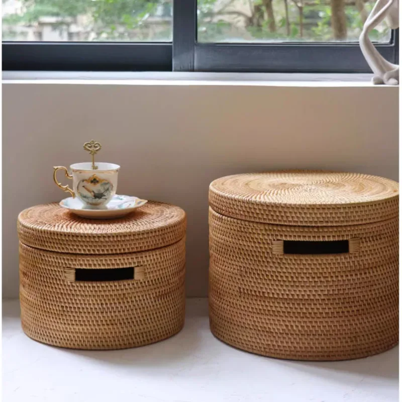 Nordic Vintage Sundries Case, Handmade Rattan Woven Storage Baskets, Dust with Cover, Organizer Box, Versatile Scene Toy Storage