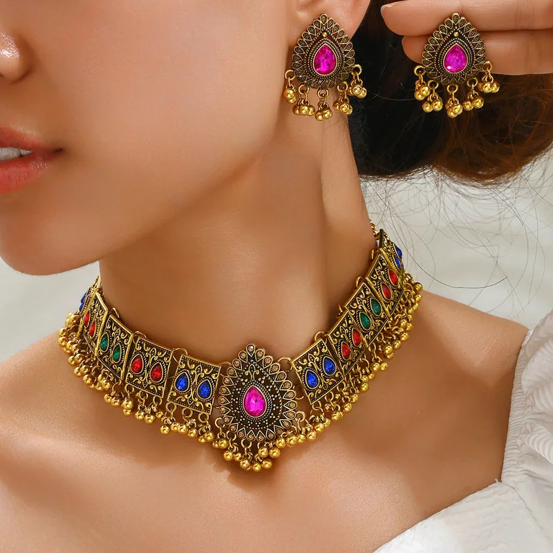 New Vintage Jewelry Set For Women Tassel Beads Pendant Jewelry Sets Colorful Stone Decoration Necklace Earrings Set For Women