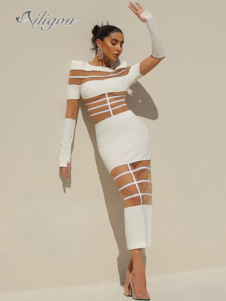 

Ailigou 2024 New Women's White Mesh Perspective Splicing Round Neck Long Sleeve Midi Tight Dress Elegant Celebrity Party Dress