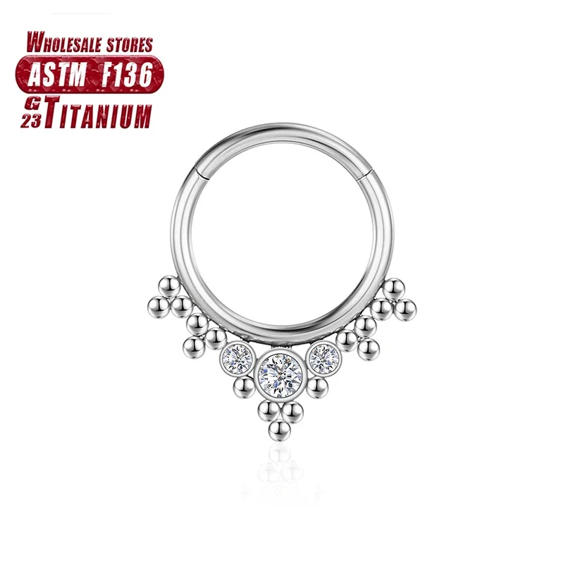Titanium Septum Clicker Nose Ring with CZ Beads