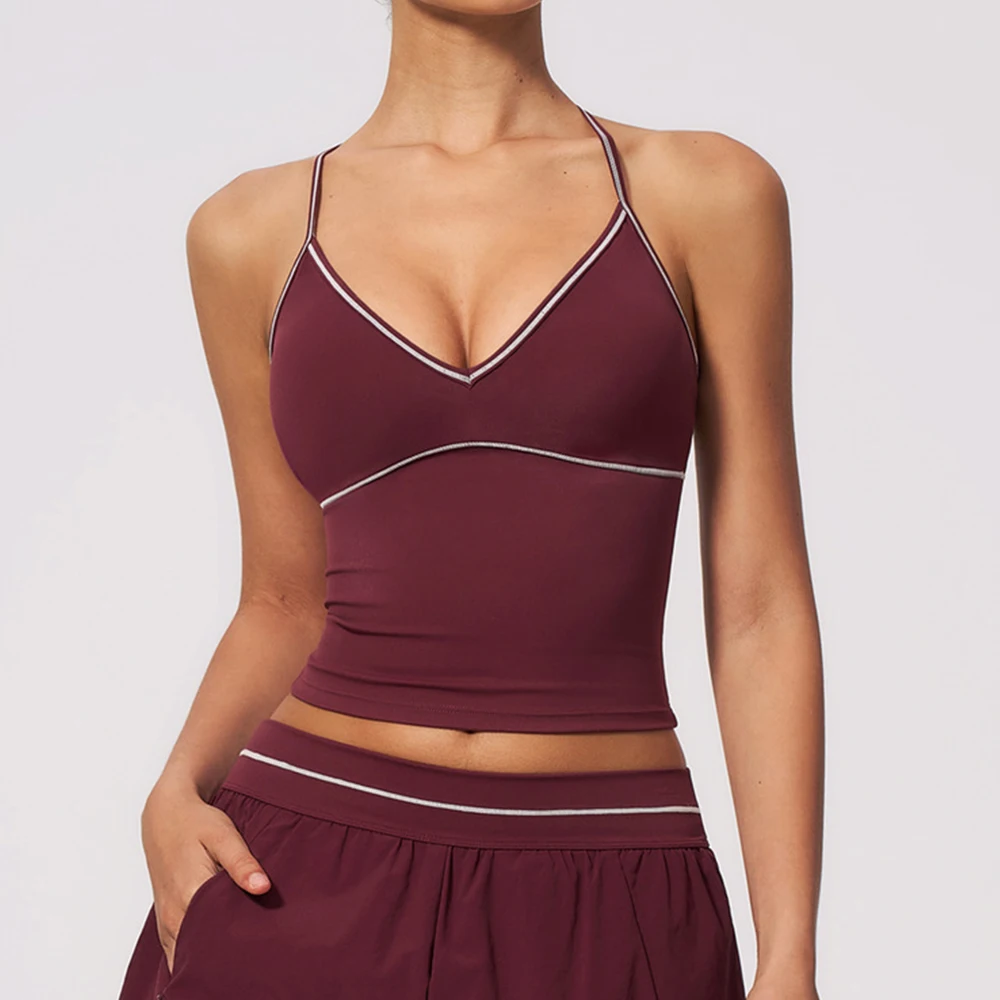 Women V Neck Sports Bra with Contrast Stitching T Back Open Back Crop Top Gym Workout Yoga Tank Tops Female Activewear Padded