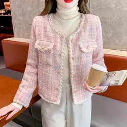 Blazer in Tweed rosa donna nuovo autunno inverno allentato o-collo giacca monopetto donna stile coreano eleganti cappotti da donna