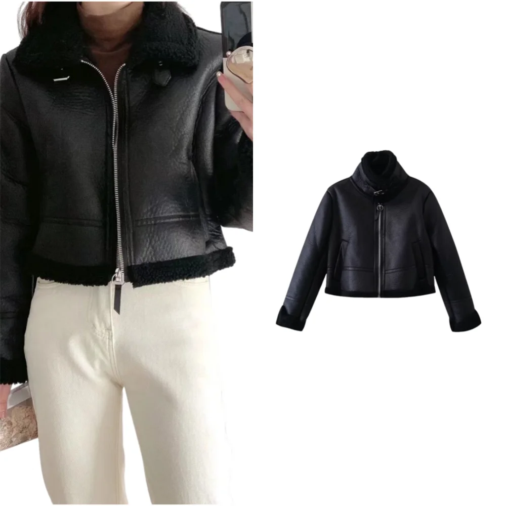 PB&ZA2024 winter women\'s new simple high-end fashion fur fleece loose double-sided motorcycle jacket short coat