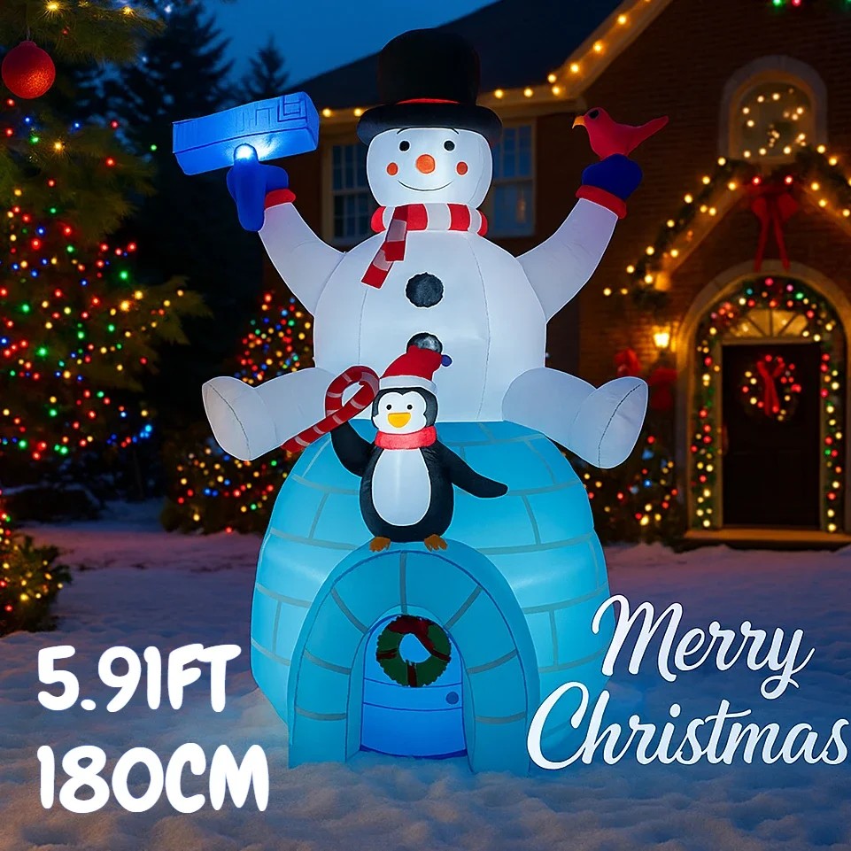 Giocattolo gonfiabile gigante da 5,91FT Pupazzo di neve Pinguino Igloo Forniture natalizie per luci a LED da giardino Decorazioni natalizie Ornamenti per la casa Regali festivi