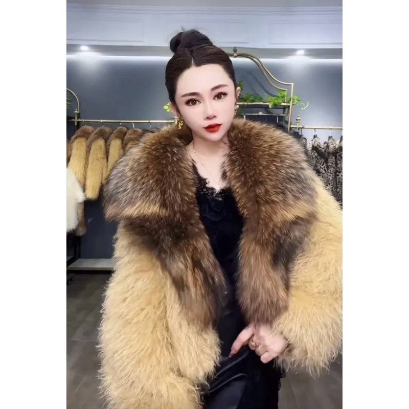 

Новое короткое осенне-зимнее утолщенное меховое пальто Haining с большим меховым воротником, модное стильное пальто, индивидуальное теплое зимнее пальто для женщин