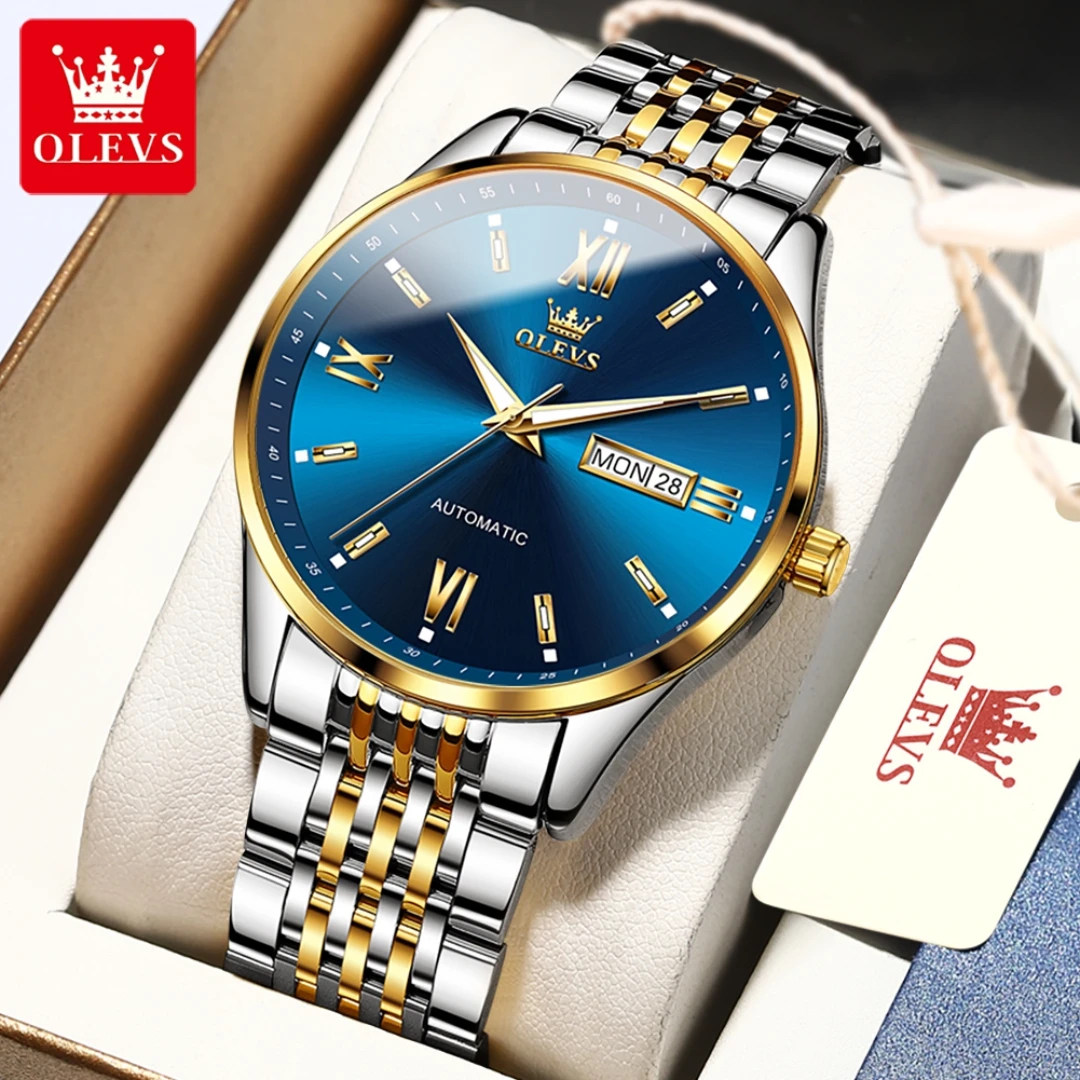 OLEVS 6777 modny zegarek mechaniczny prezent okrągła tarcza zegarek ze stali nierdzewnej zegarek na rękę wyświetlacz tygodniowy kalendarz